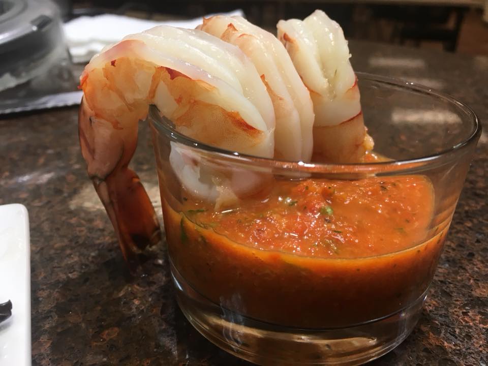 Shrimp cocktail with homemade red pepper cocktail sauce.