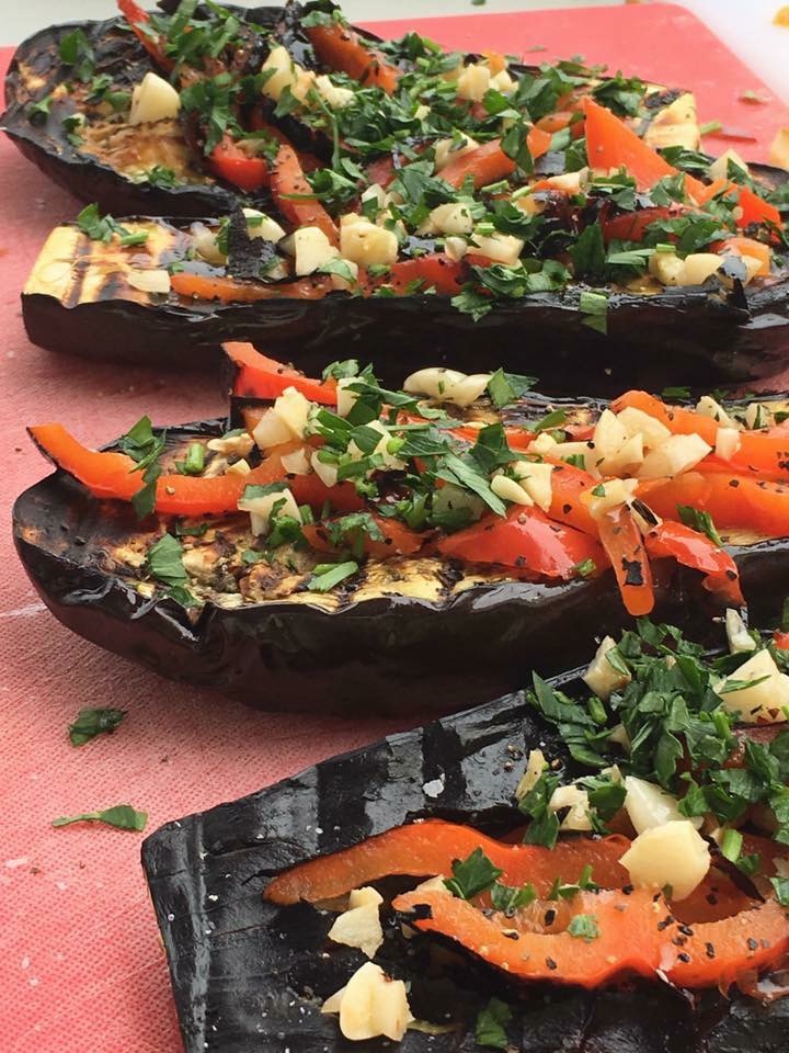 Charred stuffed eggplant.