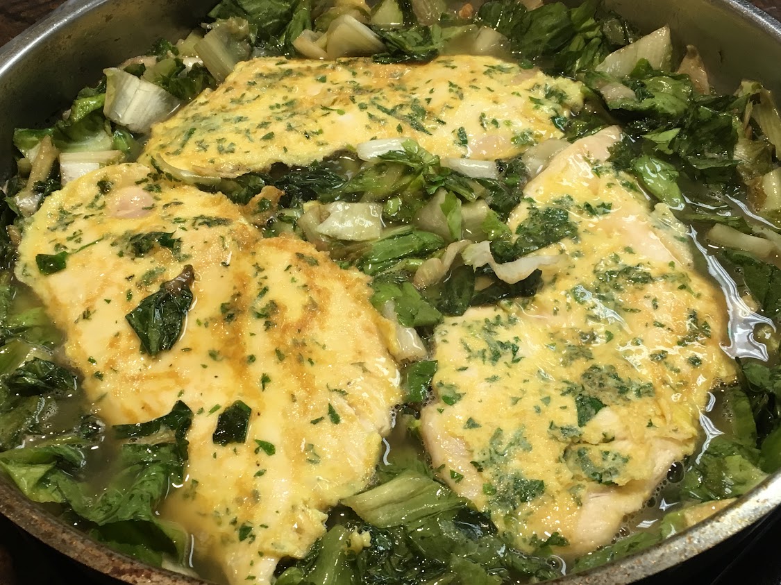 Chicken French with escarole.