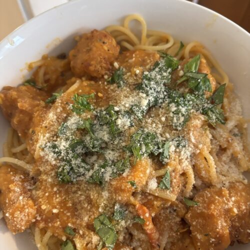 Garden tomato and pepper fried chicken pasta with basil and parmesan